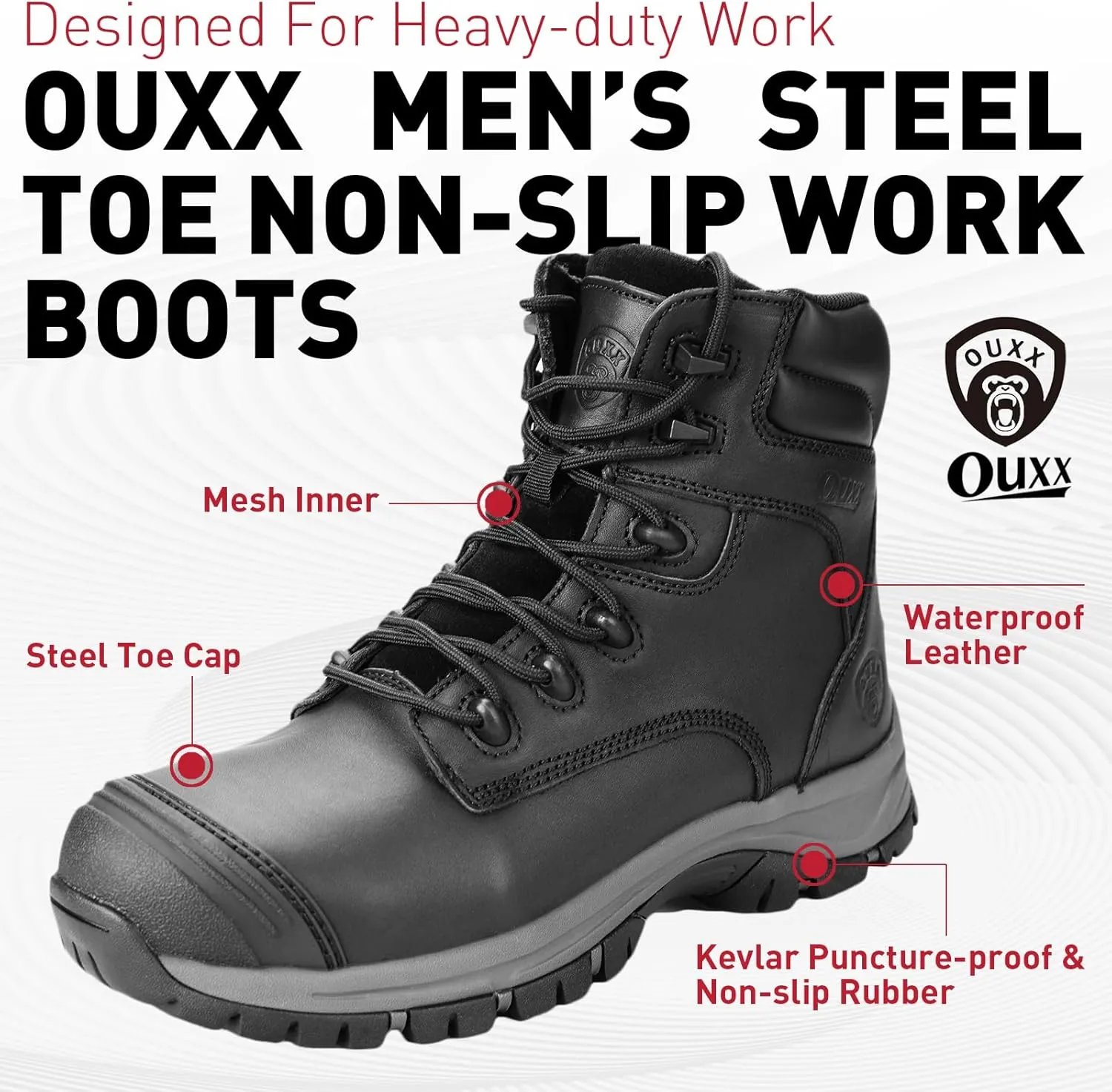 OUXX Work Boots for Men, Side Zipper Steel Toe Shoes, Water-Resistant, Non-Slip, Puncture-Proof(OX2720)