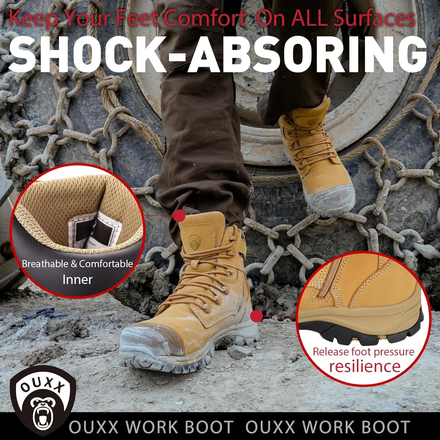 OUXX Work Boots for Men, Side Zipper Steel Toe Shoes, Water-Resistant, Non-Slip, Puncture-Proof(OX2720)