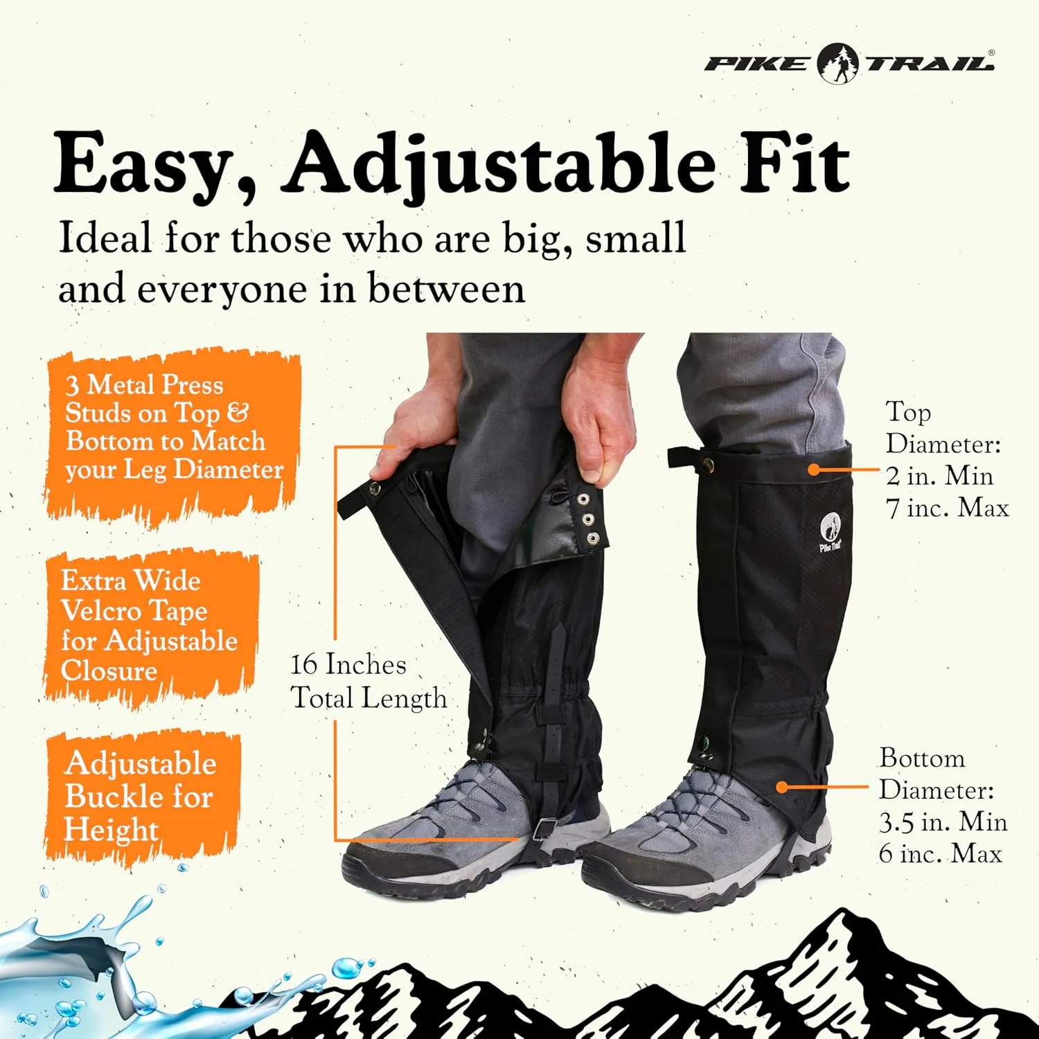 Pike Trail Adjustable Leg Gaiters - Lightweight, Waterproof - Leg Guards for Men & Women - Hiking Essentials Ideal for Hunting, Trekking & Fishing - 1 Pair