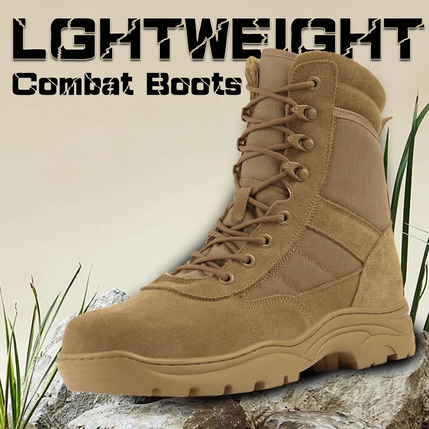 QUNLON Men's Tactical Military Boots Side Zipper Lightweight 8'' Army Combat Motorcycle Boots for Duty Work