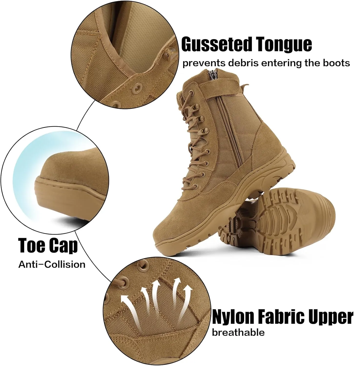 QUNLON Men's Tactical Military Boots Side Zipper Lightweight 8'' Army Combat Motorcycle Boots for Duty Work