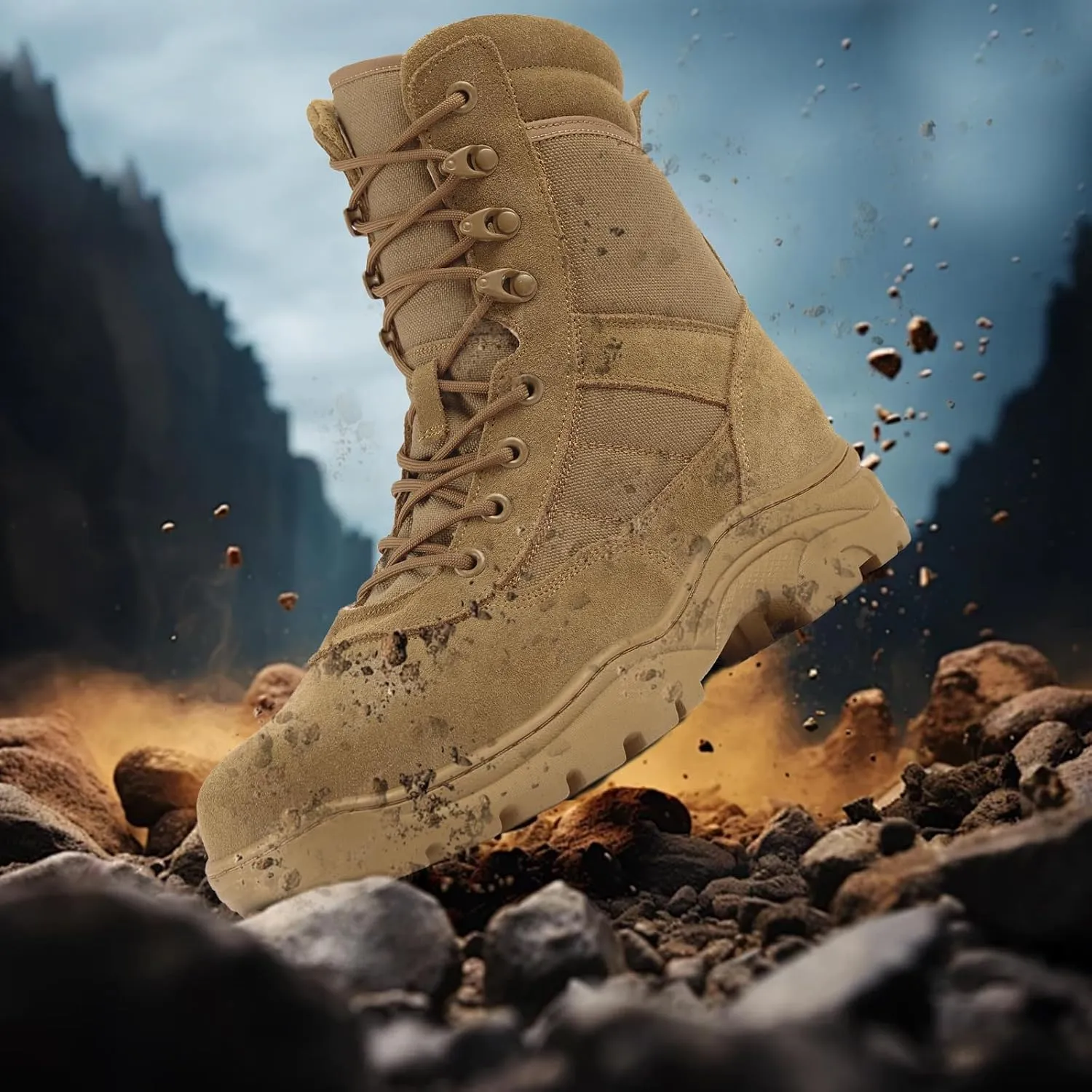 QUNLON Men's Tactical Military Boots Side Zipper Lightweight 8'' Army Combat Motorcycle Boots for Duty Work