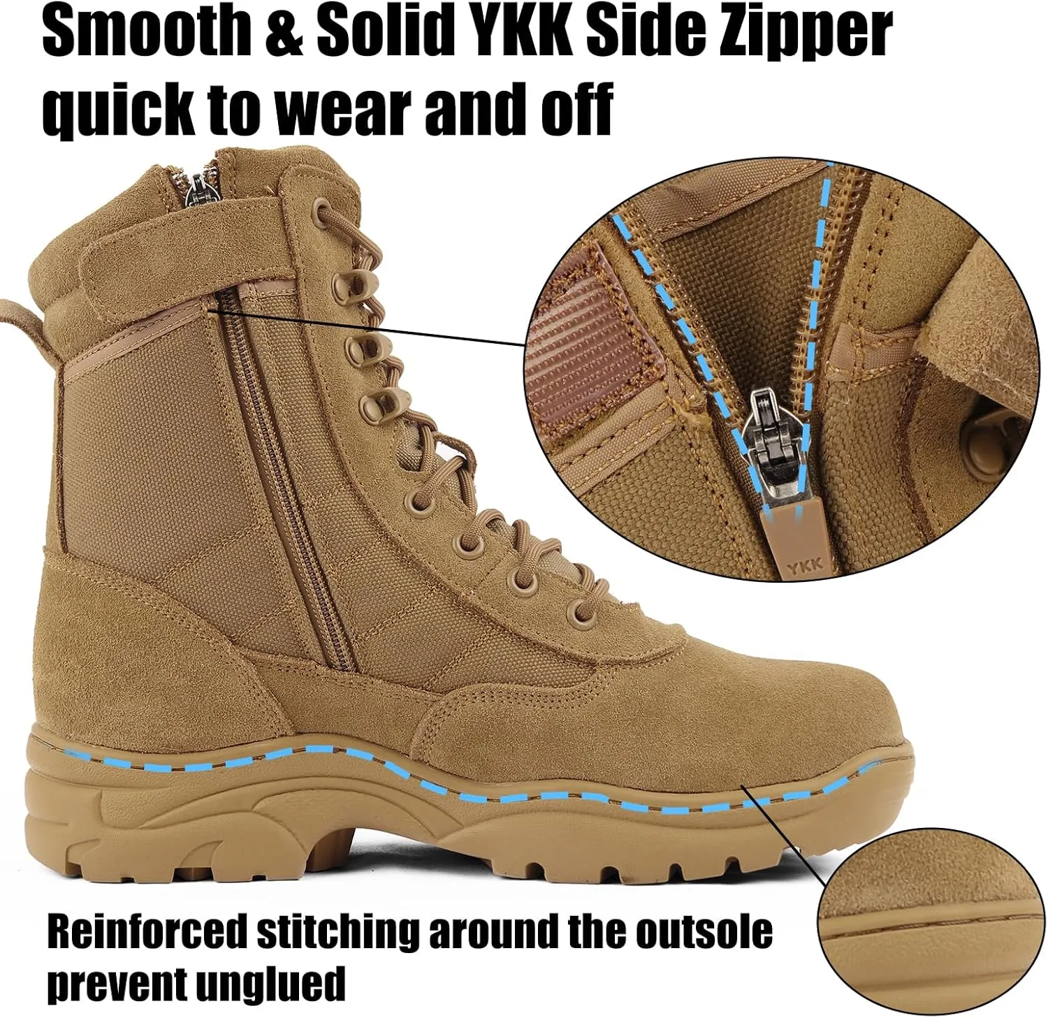 QUNLON Men's Tactical Military Boots Side Zipper Lightweight 8'' Army Combat Motorcycle Boots for Duty Work