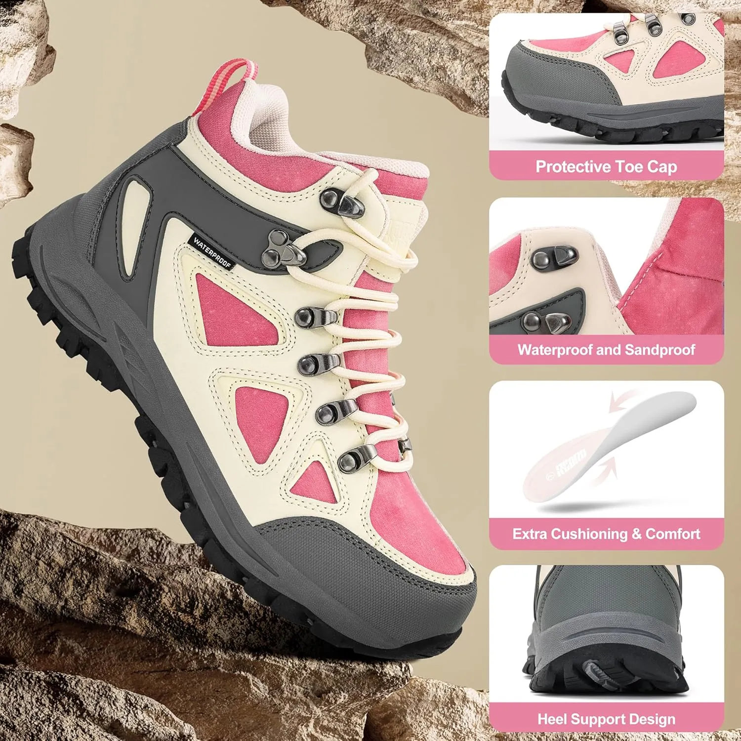 R CORD Kids Hiking Boots Girls Hiking Boots Waterproof Non-Slip for Outdoor Lace-Up Closure Durable TPR Traction Outsole Kids Hiking Shoes