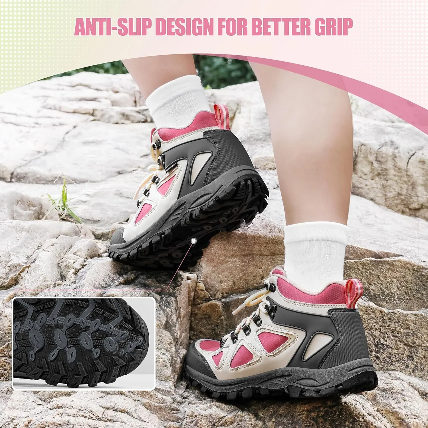 R CORD Kids Hiking Boots Girls Hiking Boots Waterproof Non-Slip for Outdoor Lace-Up Closure Durable TPR Traction Outsole Kids Hiking Shoes