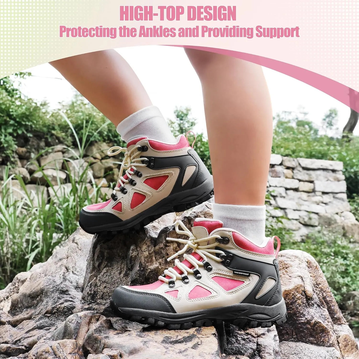 R CORD Kids Hiking Boots Girls Hiking Boots Waterproof Non-Slip for Outdoor Lace-Up Closure Durable TPR Traction Outsole Kids Hiking Shoes