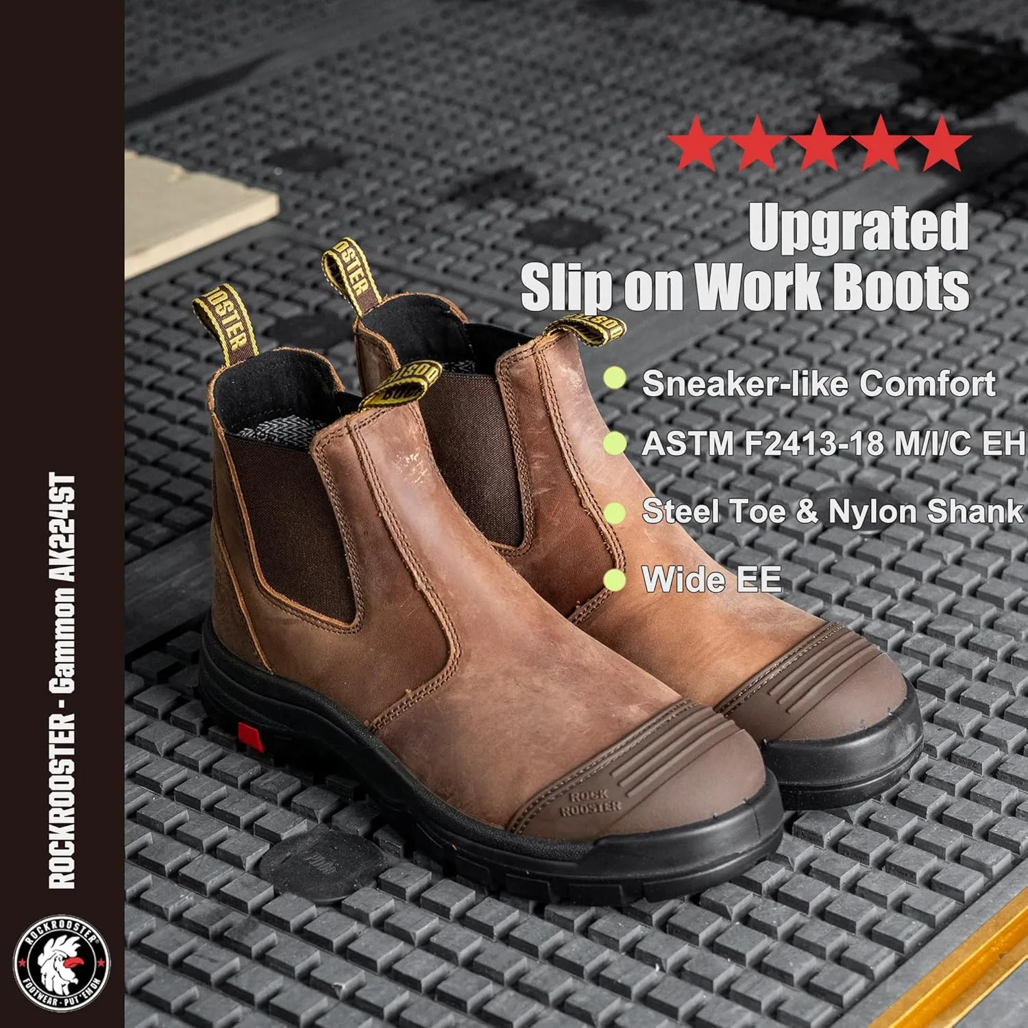 ROCKROOSTER Gammon Men's Slip On Work Boots, 6" Steel Toe Chelsea Work Boots, Toe Cap Oiled Leather Rubber Boots, Arch Support, Coolmax, Comfortable, ASTM F2413-18 Electrical Hazard EH, AK224ST