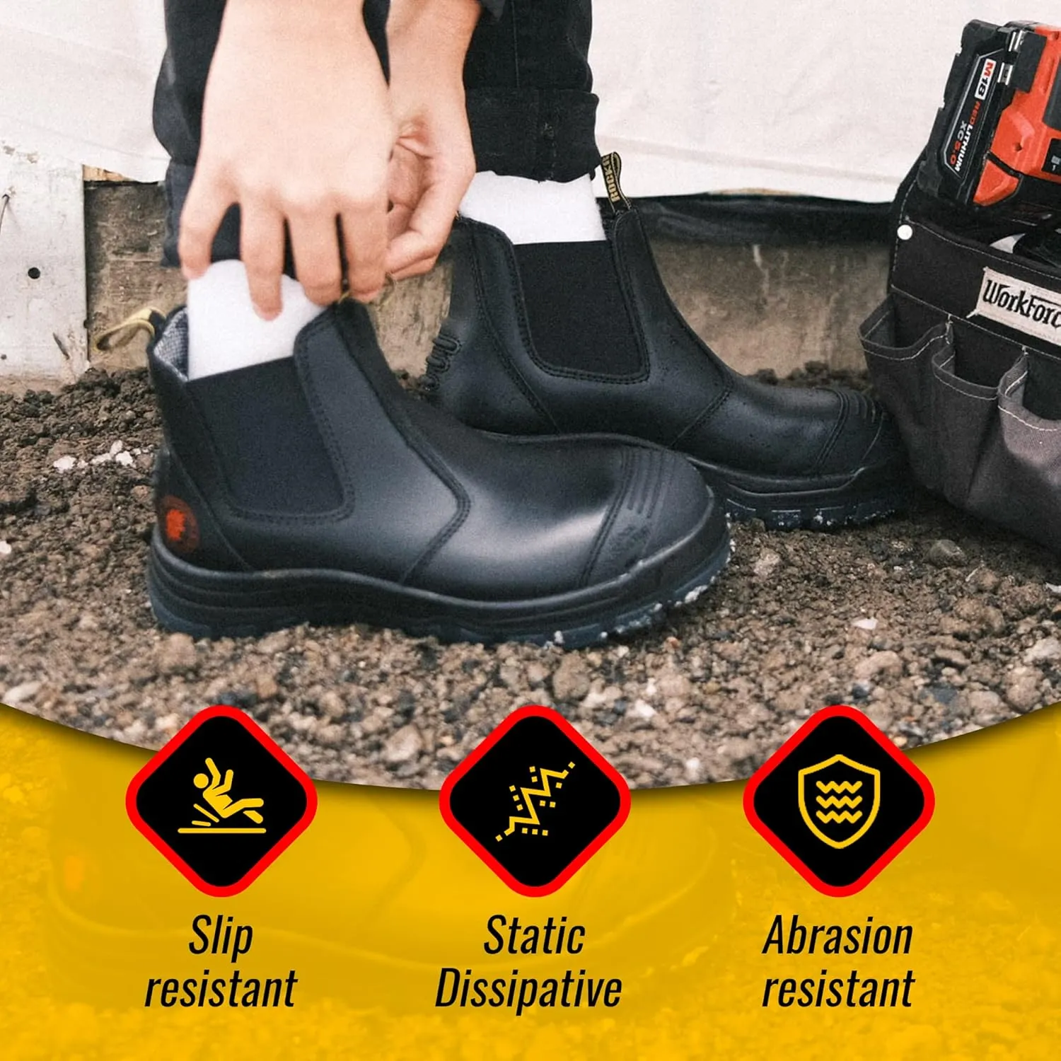 ROCKROOSTER Work Boots for Men, 6 inch Steel Toe, Slip On Safety Leather Chelsea Durable and Comfortable Work Shoes (AK227, AK222)