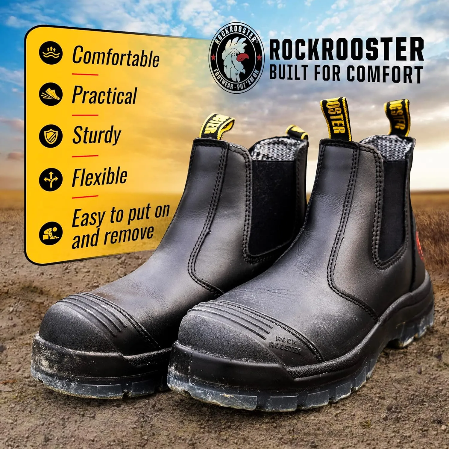 ROCKROOSTER Work Boots for Men, 6 inch Steel Toe, Slip On Safety Leather Chelsea Durable and Comfortable Work Shoes (AK227, AK222)