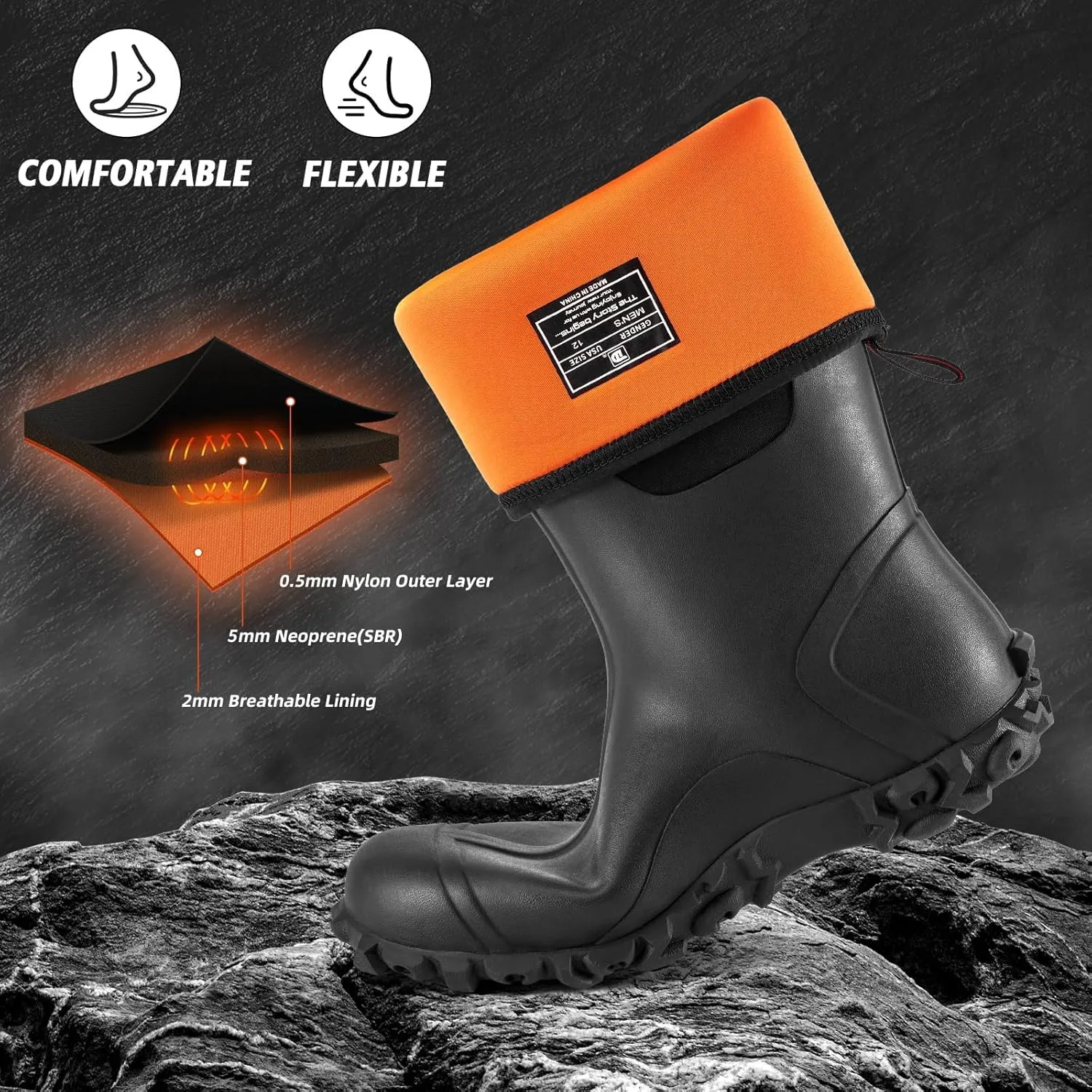 Rubber Boots for Men with Steel Shank, Waterproof Insulated Reliable Rain Boots for Outdoor Work Hunting, Warm Dry 5mm Neoprene Anti-slip All-Season Mud Boots, Size 5-14