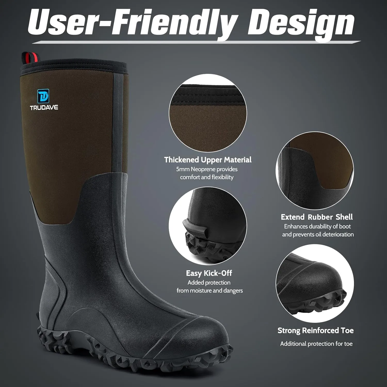 Rubber Boots for Men with Steel Shank, Waterproof Insulated Reliable Rain Boots for Outdoor Work Hunting, Warm Dry 5mm Neoprene Anti-slip All-Season Mud Boots, Size 5-14