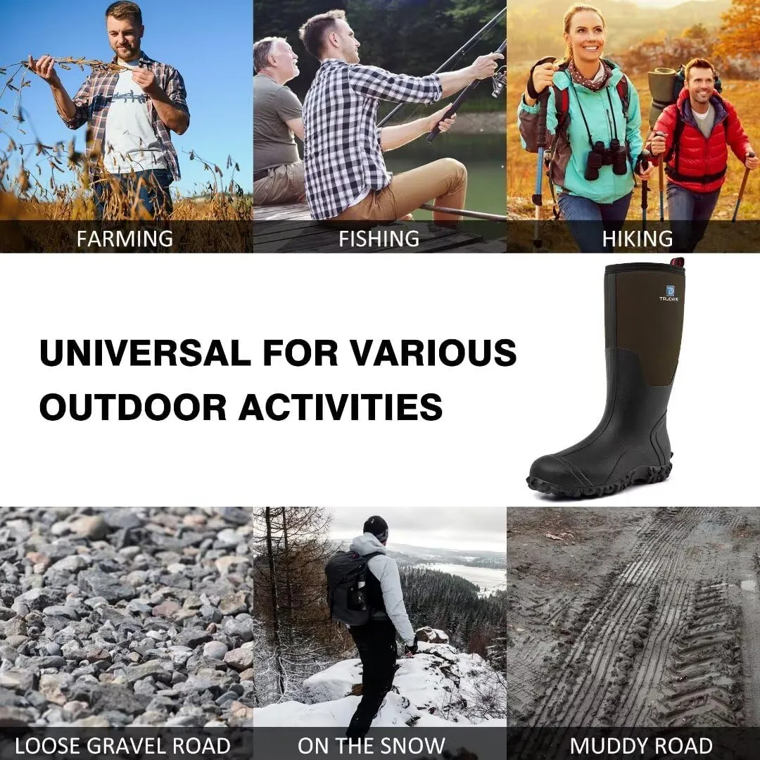Rubber Boots for Men with Steel Shank, Waterproof Insulated Reliable Rain Boots for Outdoor Work Hunting, Warm Dry 5mm Neoprene Anti-slip All-Season Mud Boots, Size 5-14