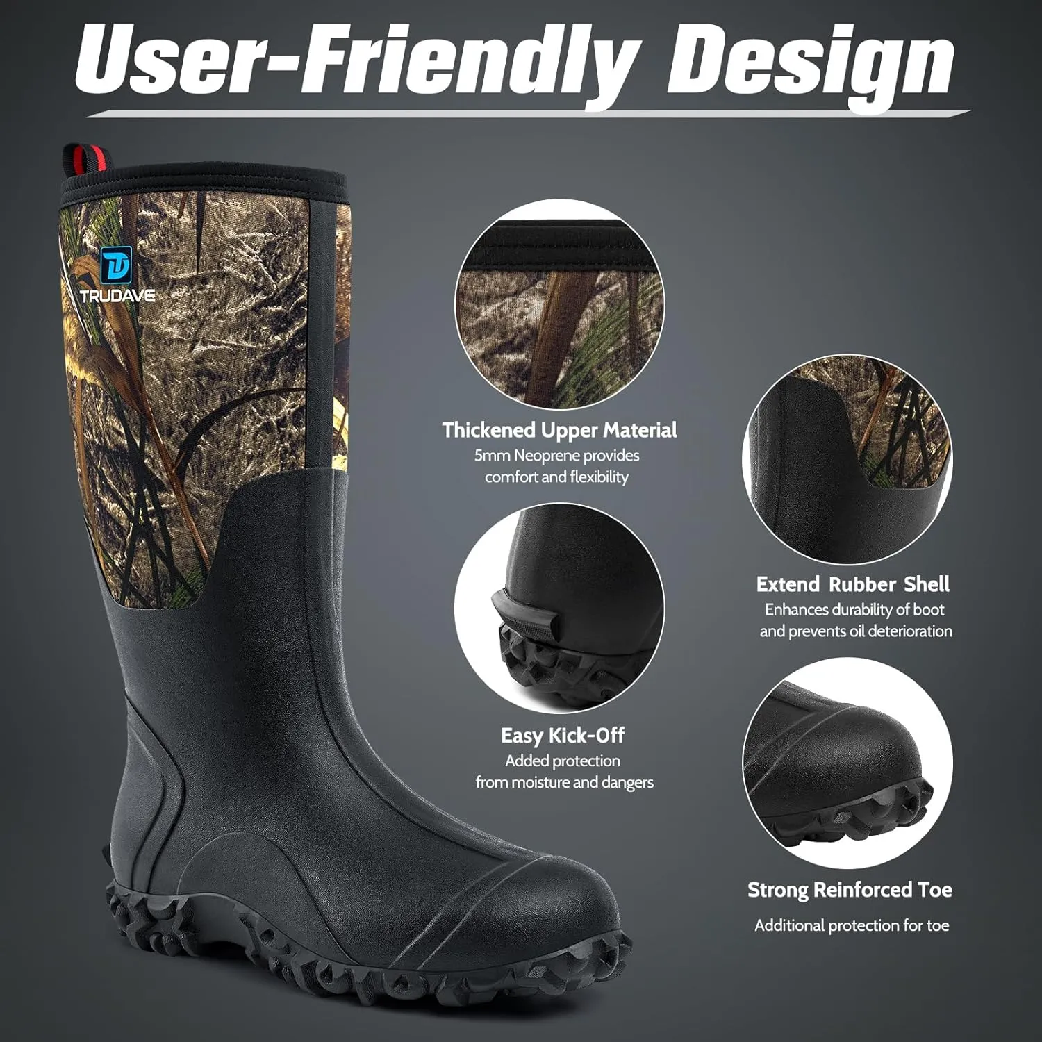 Rubber Boots for Men with Steel Shank, Waterproof Insulated Reliable Rain Boots for Outdoor Work Hunting, Warm Dry 5mm Neoprene Anti-slip All-Season Mud Boots, Size 5-14