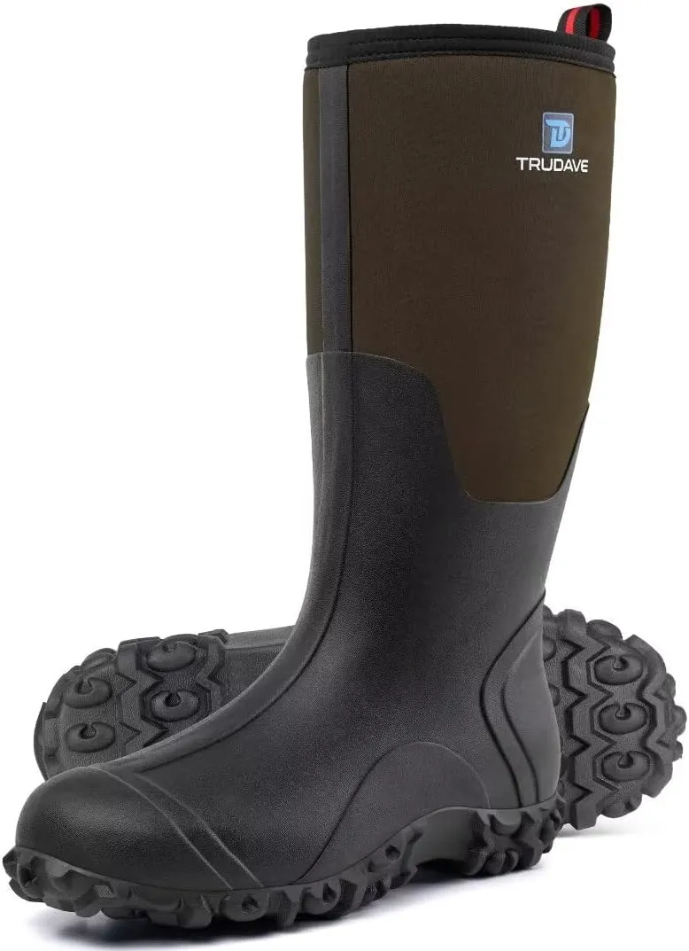 Rubber Boots for Men with Steel Shank, Waterproof Insulated Reliable Rain Boots for Outdoor Work Hunting, Warm Dry 5mm Neoprene Anti-slip All-Season Mud Boots, Size 5-14