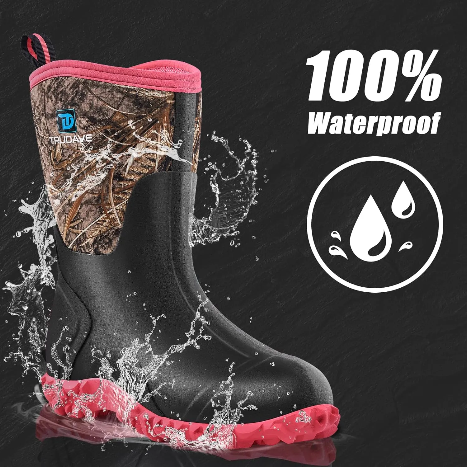 Rubber Boots for Women with Steel Shank, 6mm Neoprene Mid Calf Rain Boots, Waterproof Insulated Mud Work Boots All Season, Size 5-11