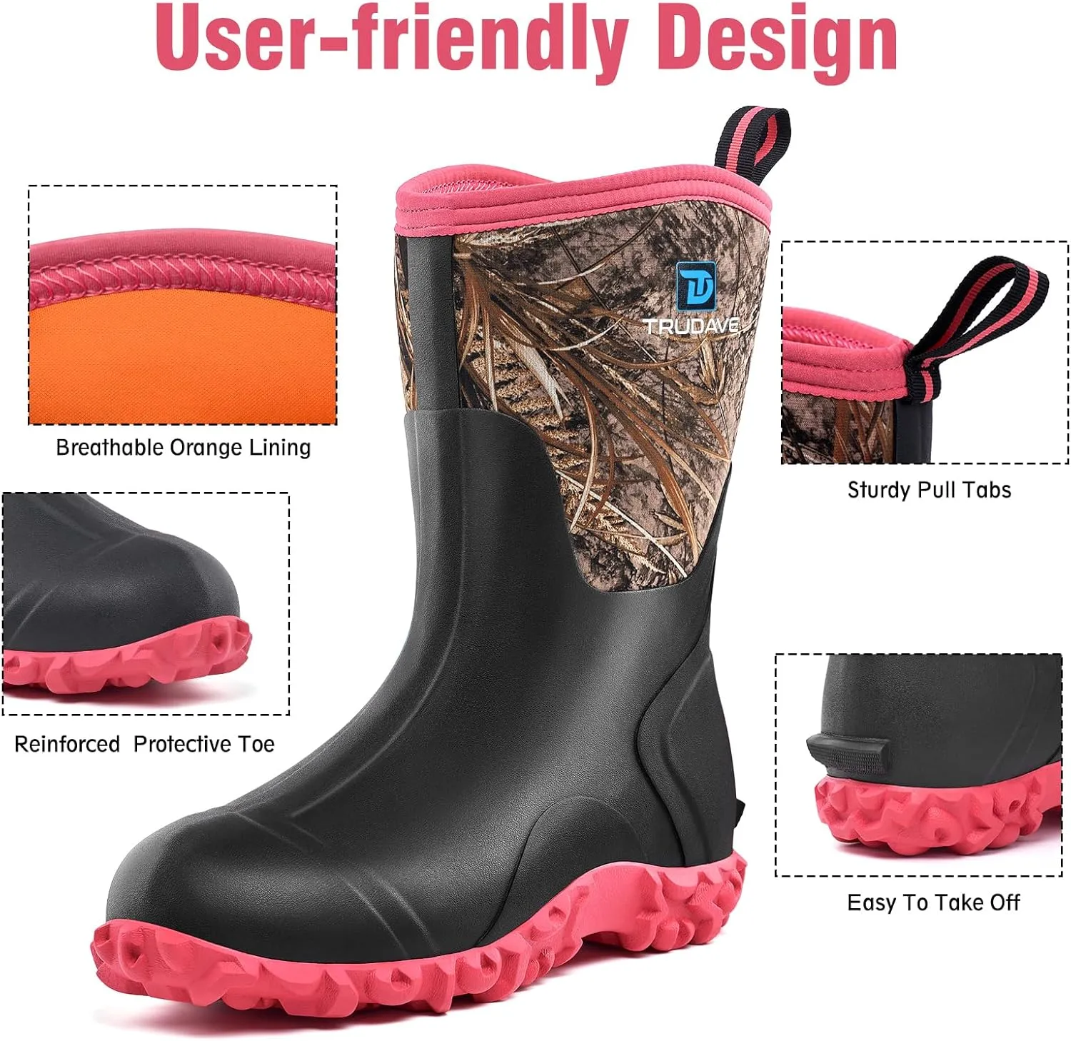 Rubber Boots for Women with Steel Shank, 6mm Neoprene Mid Calf Rain Boots, Waterproof Insulated Mud Work Boots All Season, Size 5-11
