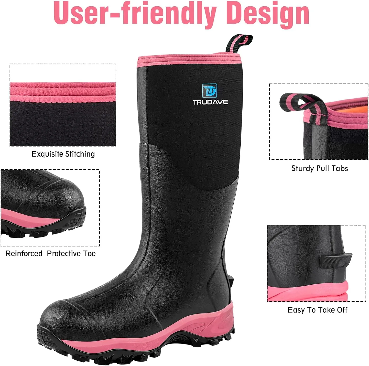 Rubber Boots for Women with Steel Shank, Waterproof Insulated Mud Rain Boots, 6mm Neoprene Anti-slip Outdoor Work Boots, Size 6-11