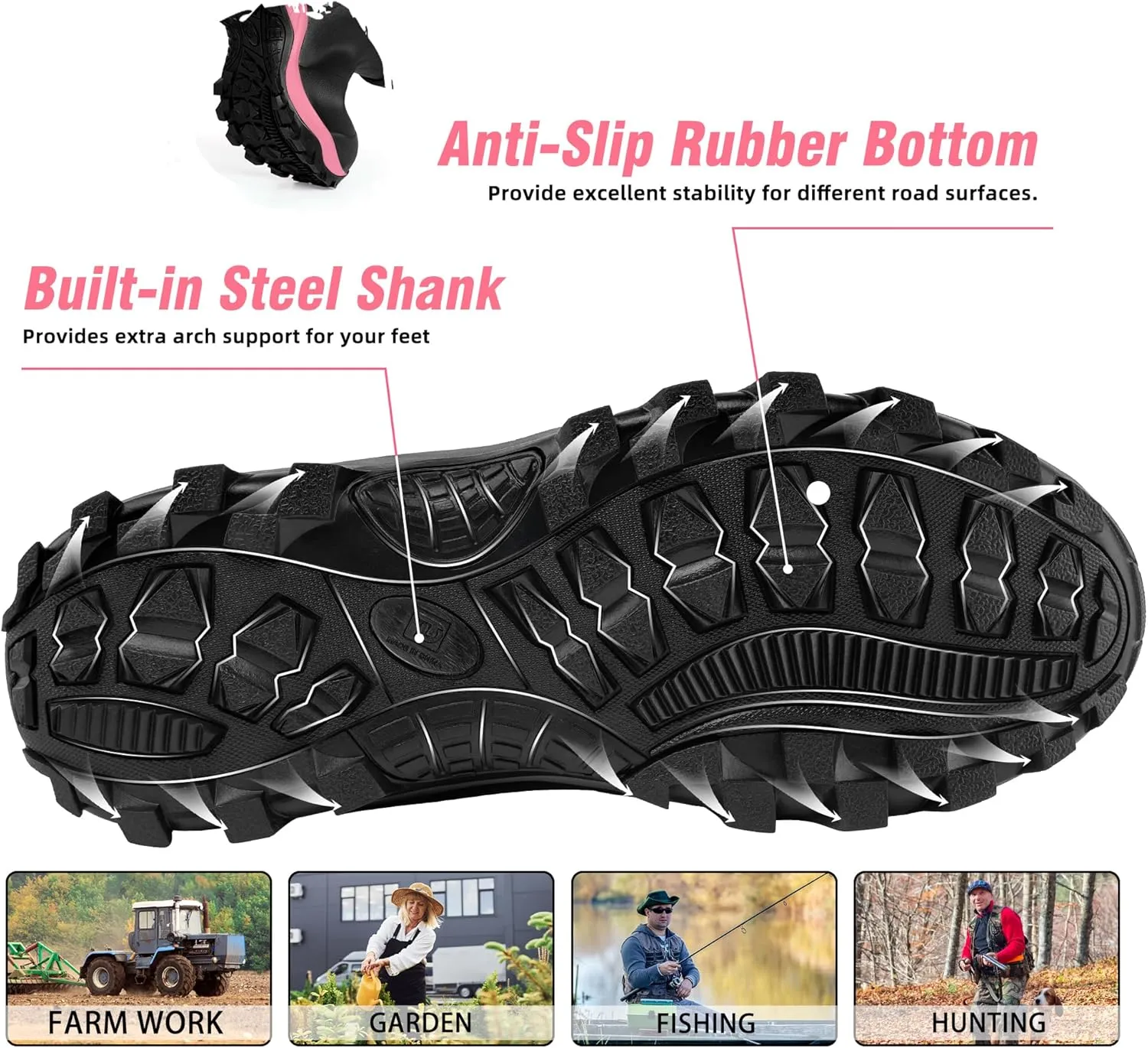 Rubber Boots for Women with Steel Shank, Waterproof Insulated Mud Rain Boots, 6mm Neoprene Anti-slip Outdoor Work Boots, Size 6-11