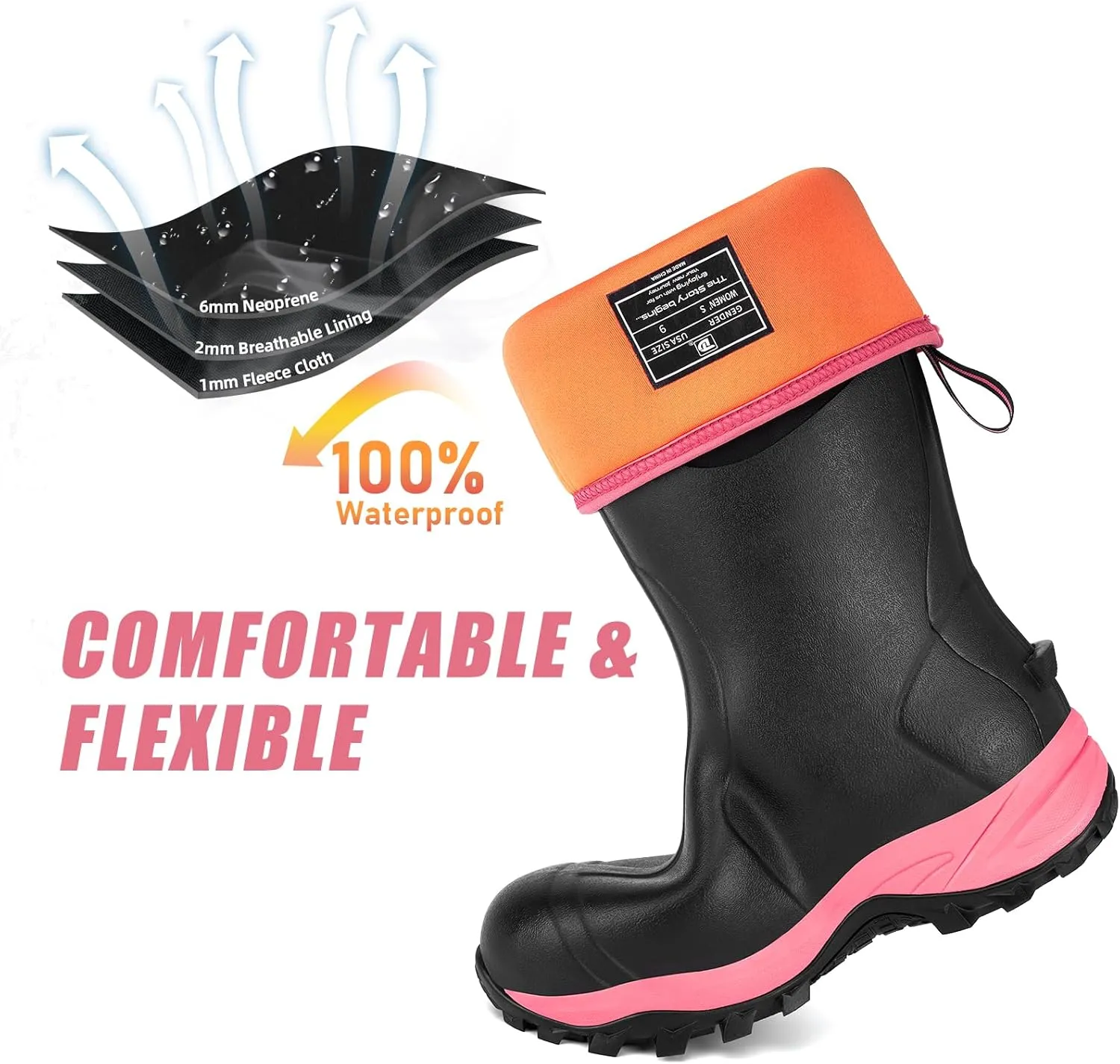 Rubber Boots for Women with Steel Shank, Waterproof Insulated Mud Rain Boots, 6mm Neoprene Anti-slip Outdoor Work Boots, Size 6-11