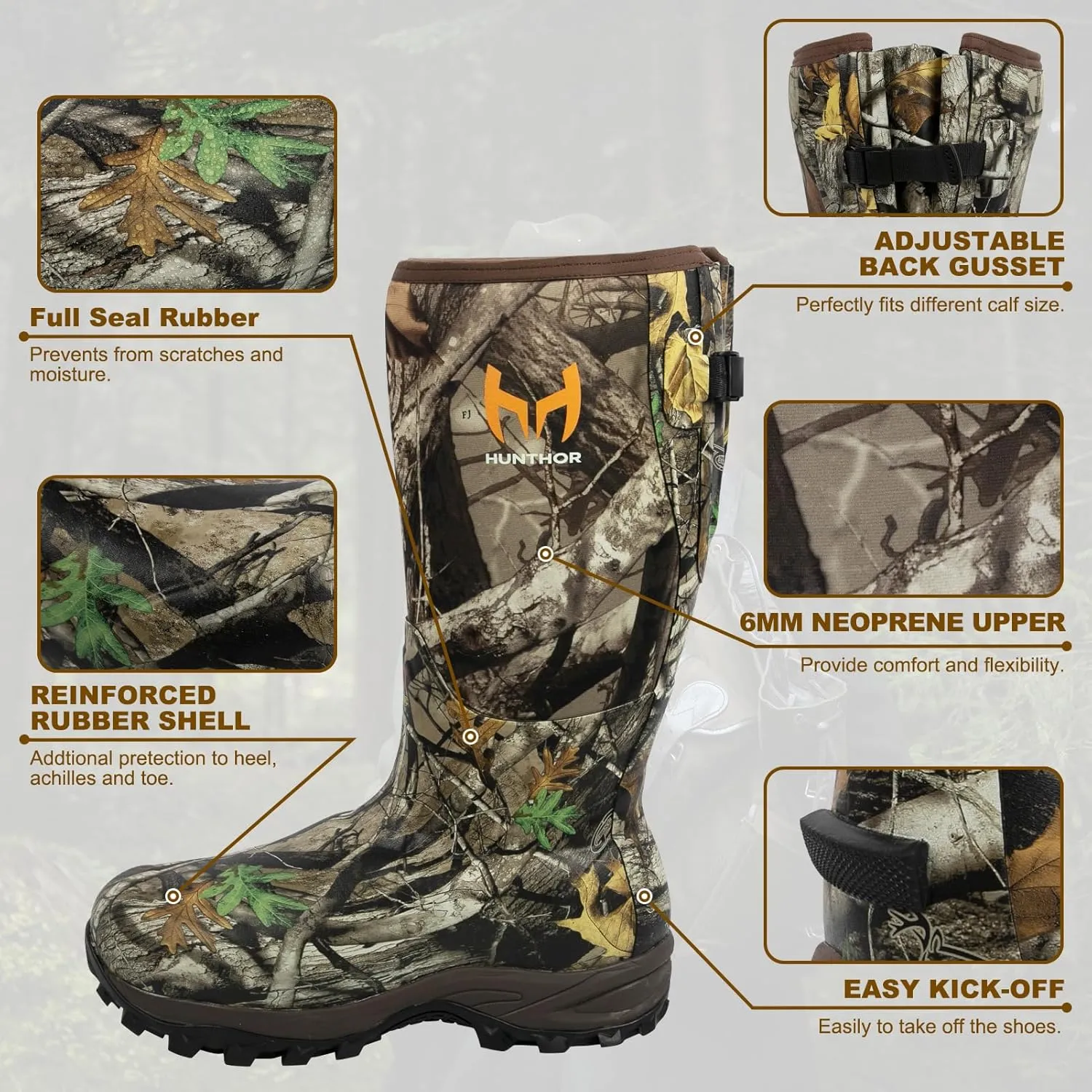 Rubber Hunting Boots for Men with 800g Insulation, Waterproof Insulated 6mm Neoprene Shoes for Outdoor Hunting (Size 6-14)