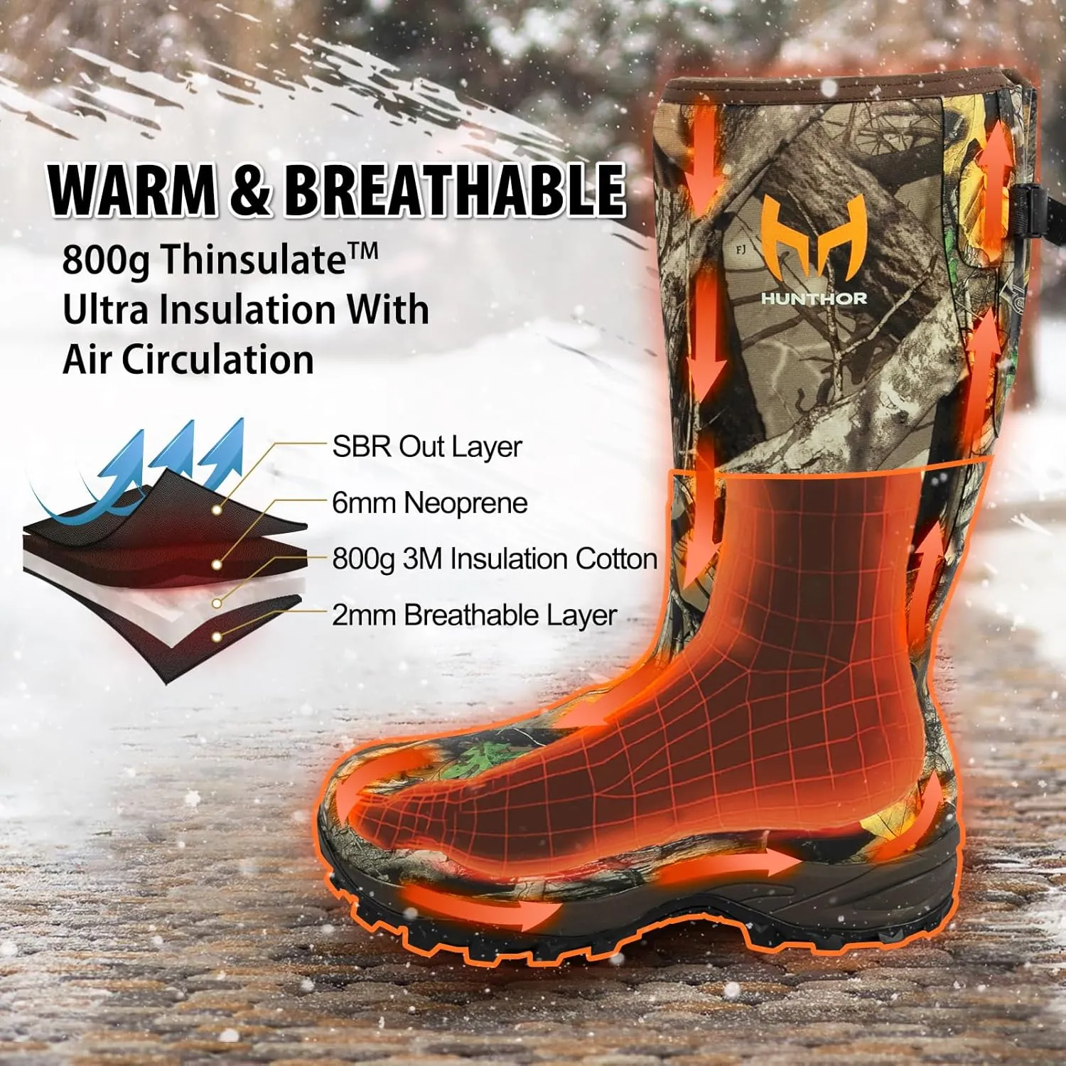Rubber Hunting Boots for Men with 800g Insulation, Waterproof Insulated 6mm Neoprene Shoes for Outdoor Hunting (Size 6-14)
