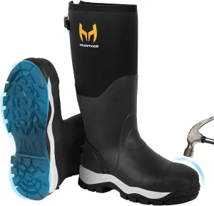 Rubber Work Boots for Men with Steel Toe, 1100N Puncture-Proof Hunting Boots with 7mm Neoprene Waterproof and EVA Midsole, Adjustable Back Gusset, Ideal for Hunting, Work, and Farming Size 7-14