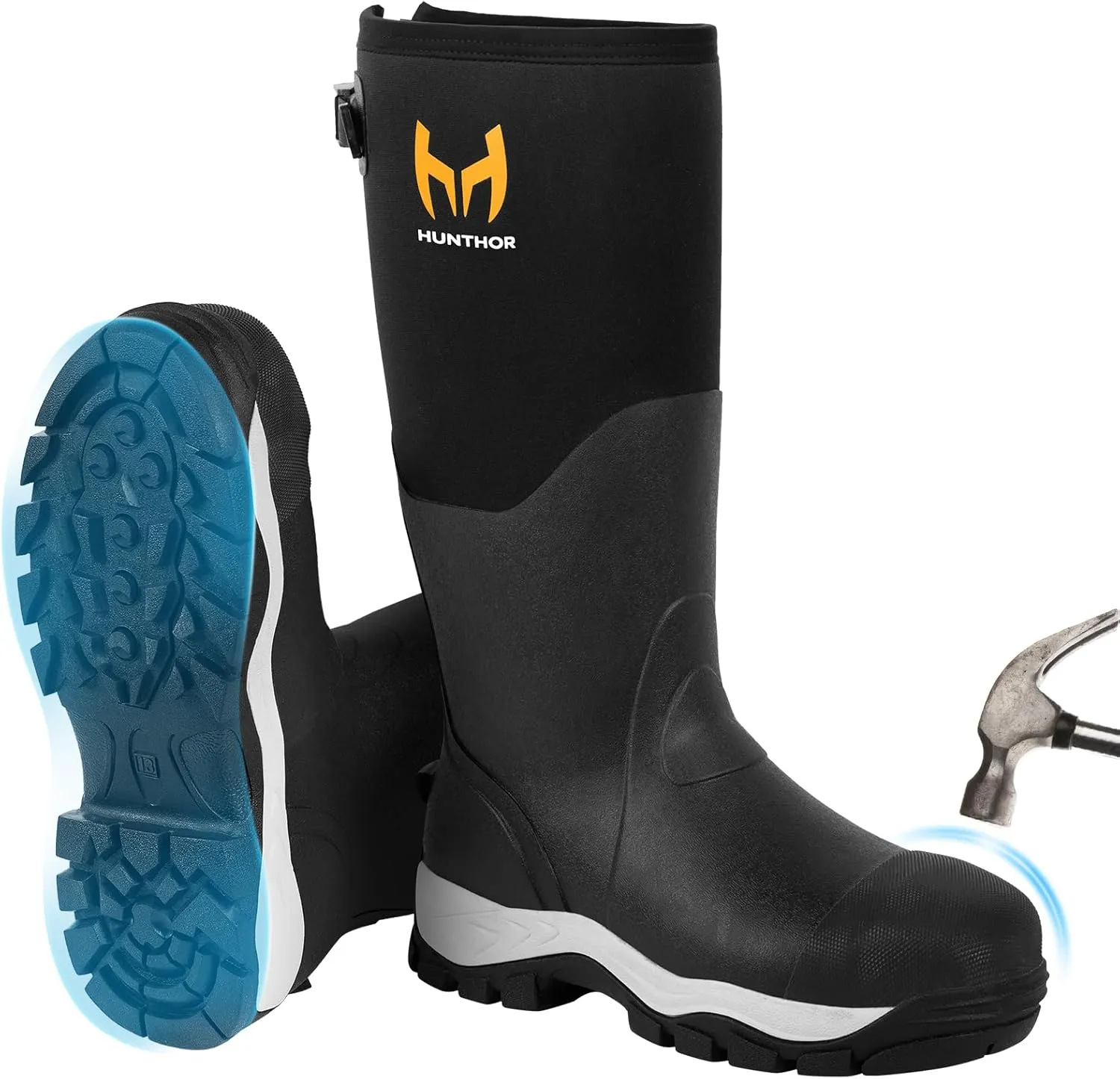 Rubber Work Boots for Men with Steel Toe, 1100N Puncture-Proof Hunting Boots with 7mm Neoprene Waterproof and EVA Midsole, Adjustable Back Gusset, Ideal for Hunting, Work, and Farming Size 7-14