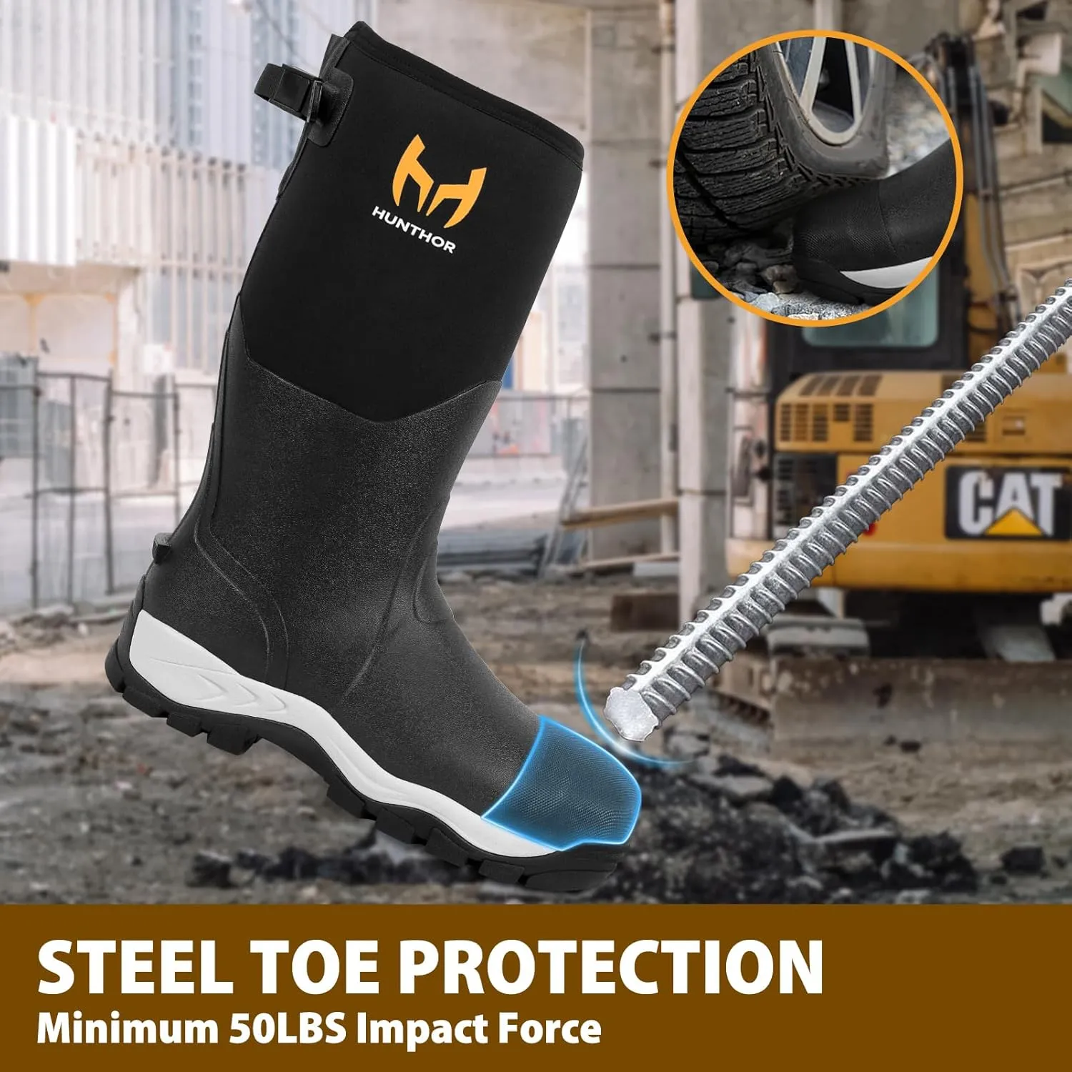 Rubber Work Boots for Men with Steel Toe, 1100N Puncture-Proof Hunting Boots with 7mm Neoprene Waterproof and EVA Midsole, Adjustable Back Gusset, Ideal for Hunting, Work, and Farming Size 7-14