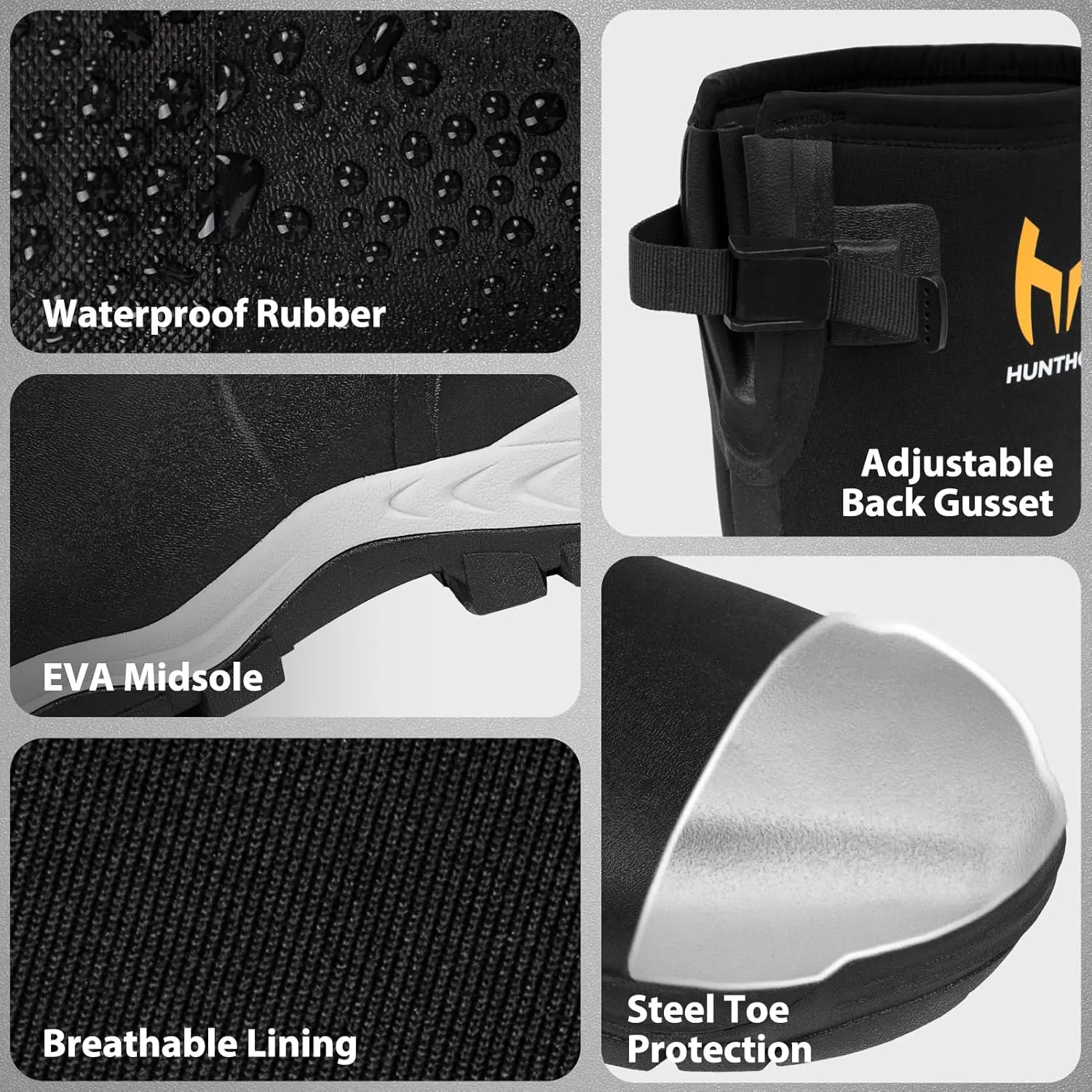 Rubber Work Boots for Men with Steel Toe, 1100N Puncture-Proof Hunting Boots with 7mm Neoprene Waterproof and EVA Midsole, Adjustable Back Gusset, Ideal for Hunting, Work, and Farming Size 7-14
