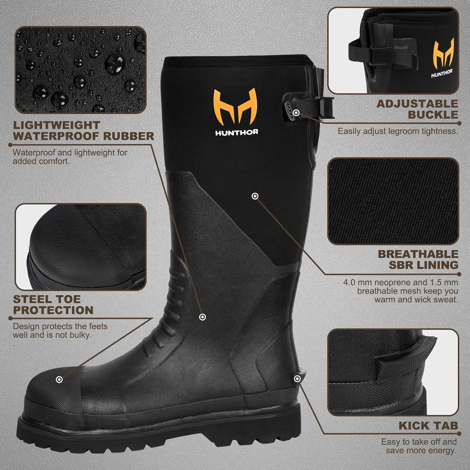 Rubber Work Boots, Puncture-Proof with Steel Toe & Shank, Lightweight Waterproof Anti Slip EVA Outsole Hunting Boots for Men, 6mm Neoprene for Construction, Manufacturing or Farming(Size 6-14)