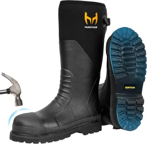 Rubber Work Boots, Puncture-Proof with Steel Toe & Shank, Lightweight Waterproof Anti Slip EVA Outsole Hunting Boots for Men, 6mm Neoprene for Construction, Manufacturing or Farming(Size 6-14)