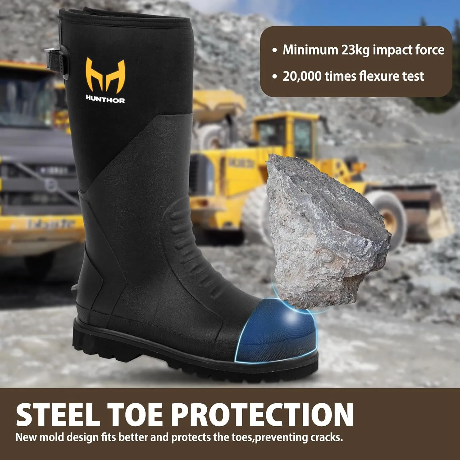 Rubber Work Boots, Puncture-Proof with Steel Toe & Shank, Lightweight Waterproof Anti Slip EVA Outsole Hunting Boots for Men, 6mm Neoprene for Construction, Manufacturing or Farming(Size 6-14)
