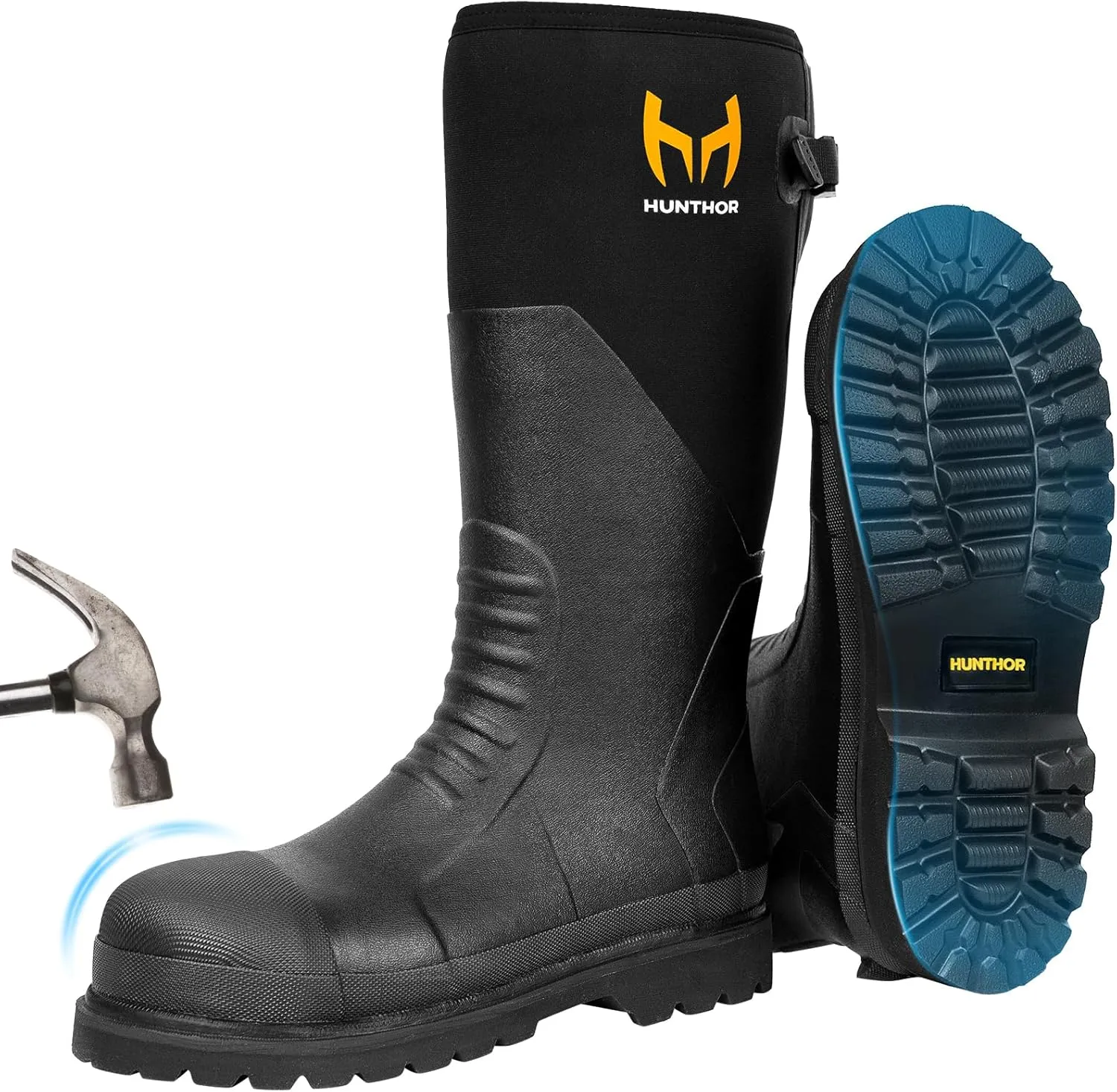 Rubber Work Boots, Puncture-Proof with Steel Toe & Shank, Lightweight Waterproof Anti Slip EVA Outsole Hunting Boots for Men, 6mm Neoprene for Construction, Manufacturing or Farming(Size 6-14)