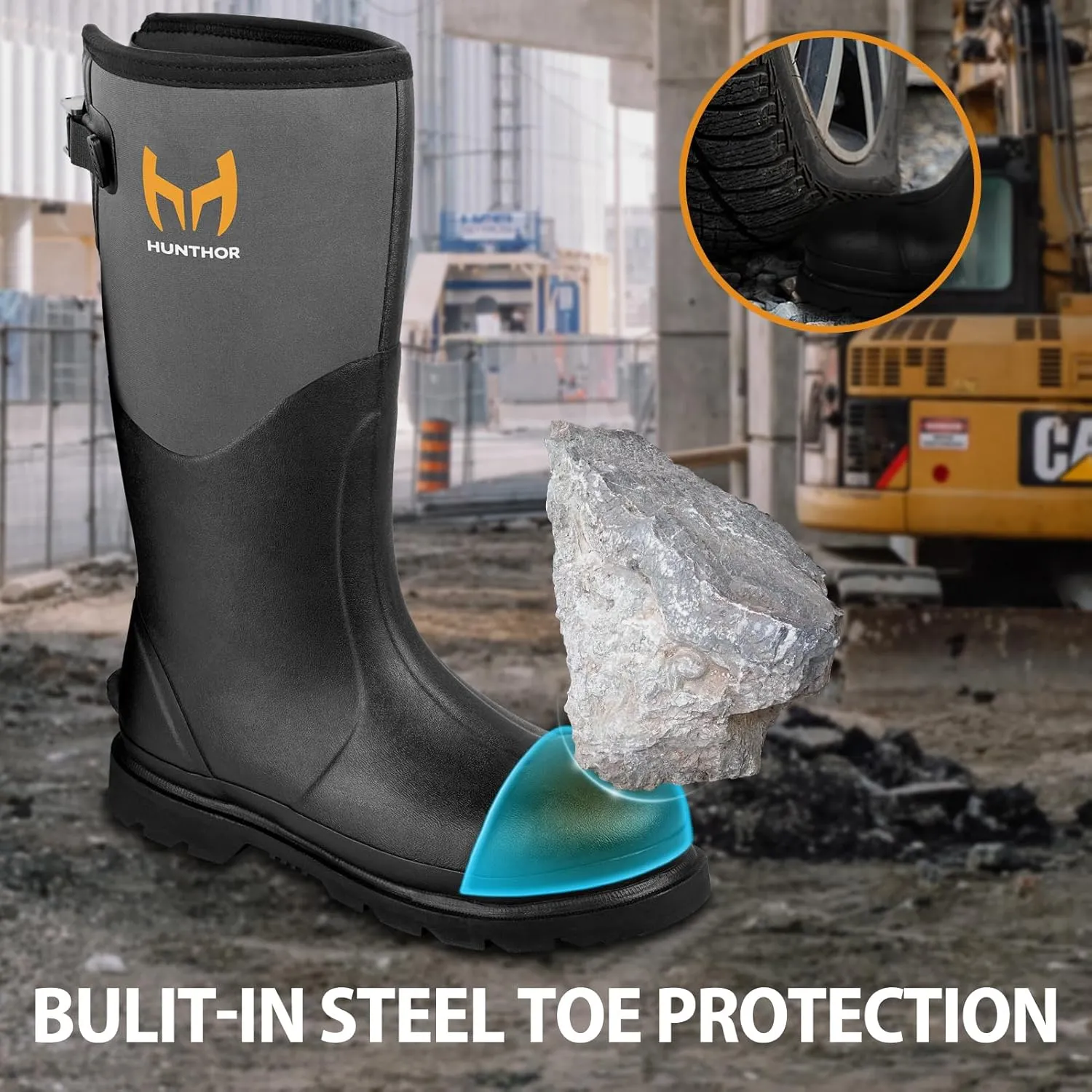 Rubber Work Boots, Puncture-Proof with Steel Toe & Shank, Waterproof Insulated 6mm Neoprene Hunting Boots for Farming, Construction, Gardening, Fishing, Outdoor Work (Size 6-14)