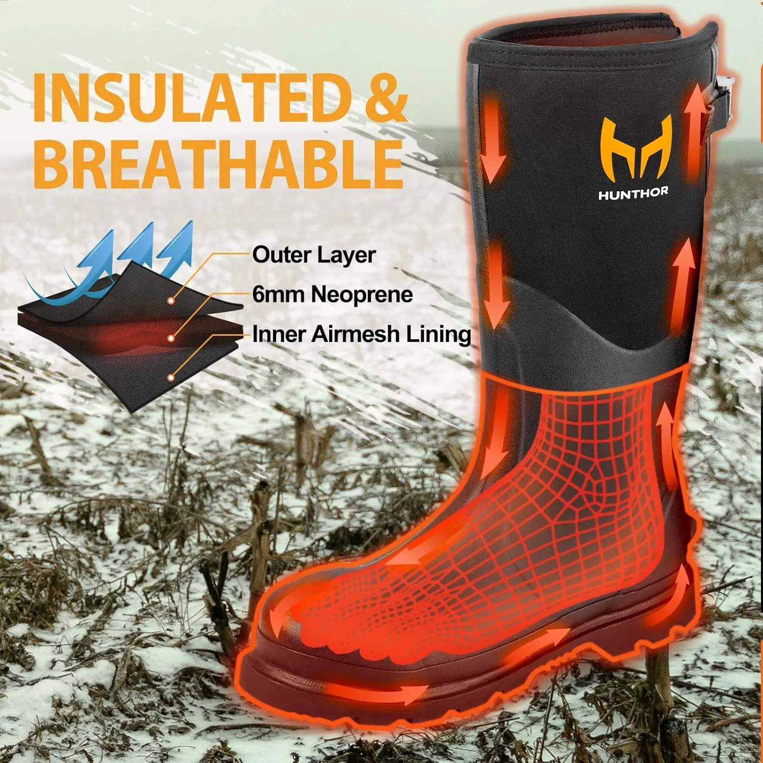 Rubber Work Boots, Puncture-Proof with Steel Toe & Shank, Waterproof Insulated 6mm Neoprene Hunting Boots for Farming, Construction, Gardening, Fishing, Outdoor Work (Size 6-14)