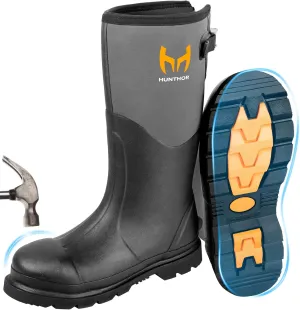Rubber Work Boots, Puncture-Proof with Steel Toe & Shank, Waterproof Insulated 6mm Neoprene Hunting Boots for Farming, Construction, Gardening, Fishing, Outdoor Work (Size 6-14)