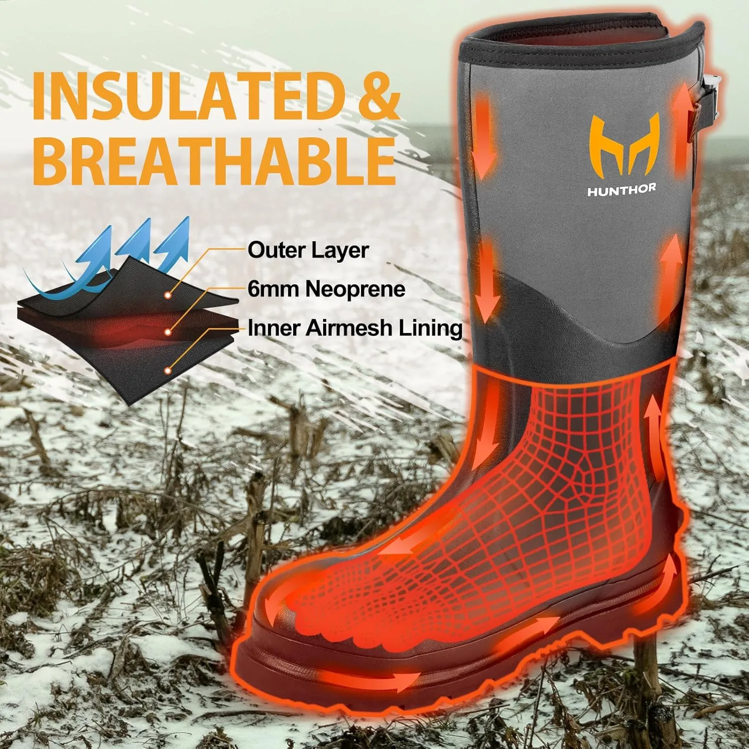 Rubber Work Boots, Puncture-Proof with Steel Toe & Shank, Waterproof Insulated 6mm Neoprene Hunting Boots for Farming, Construction, Gardening, Fishing, Outdoor Work (Size 6-14)