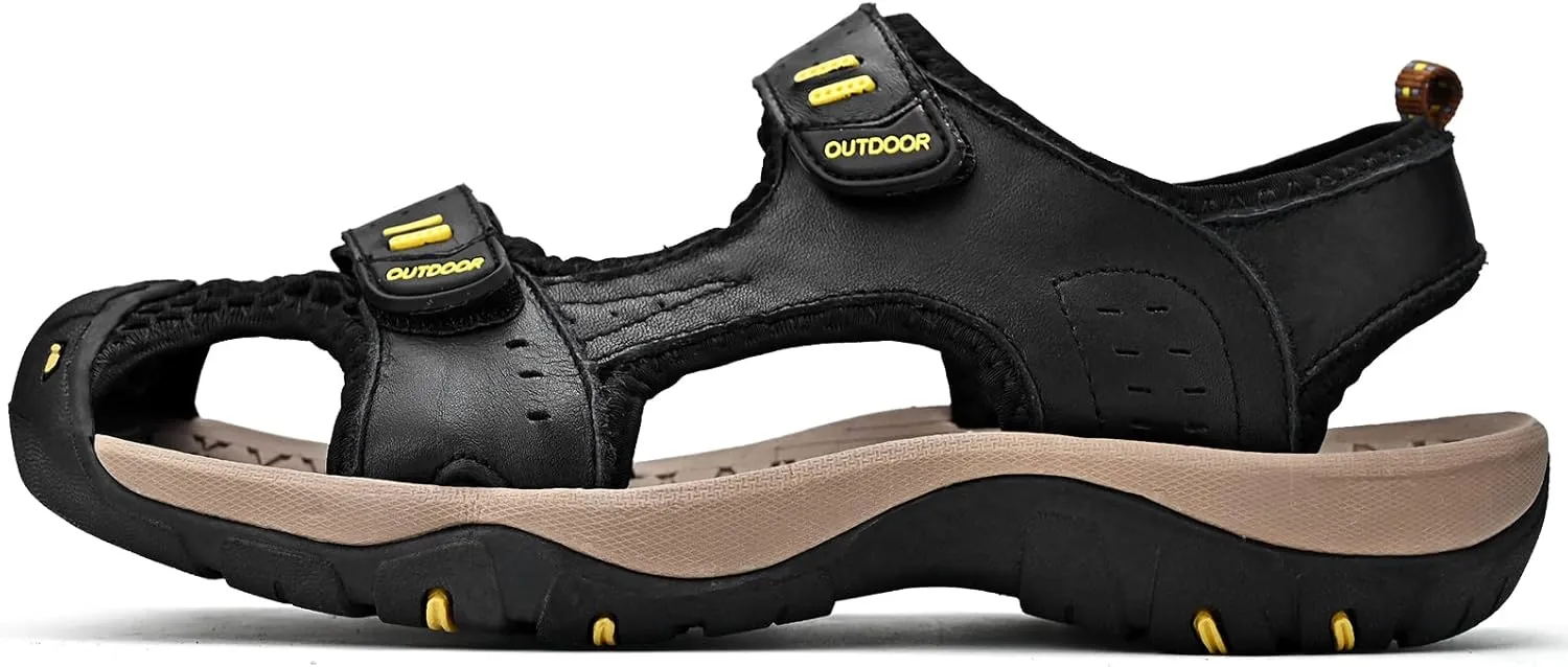 Sandals for Men Leather Hiking Sandals Athletic Walking Sports Fisherman Beach Shoes Closed Toe Water Sandals