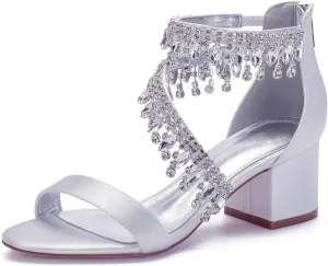 Sandals Pointed Toe Bridal Shoes Women Mid Block Heel Heels Pumps Open Toe Wedding Ankle Strap High Heels Evening Party Dress Crystal Tassels