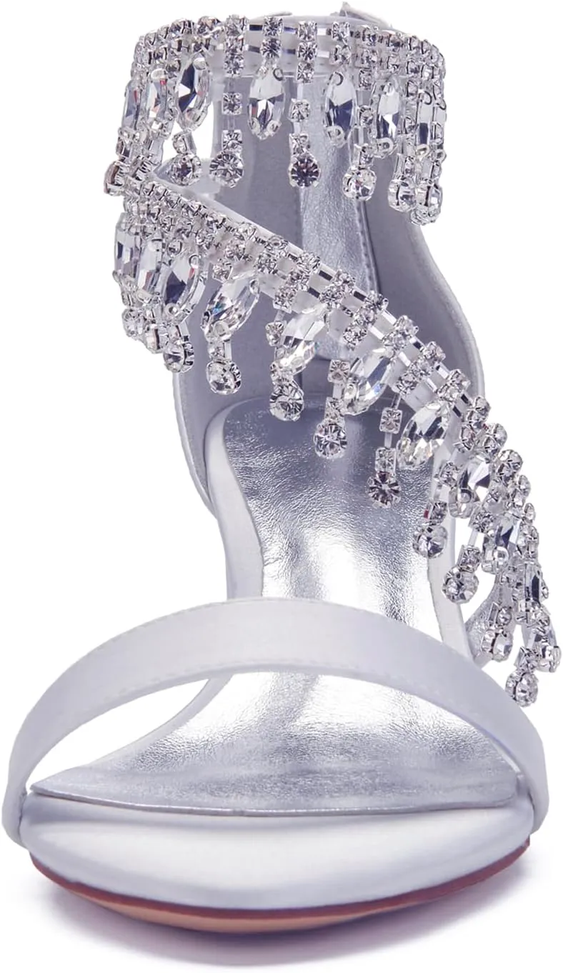 Sandals Pointed Toe Bridal Shoes Women Mid Block Heel Heels Pumps Open Toe Wedding Ankle Strap High Heels Evening Party Dress Crystal Tassels