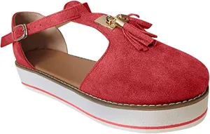 Sandals Wedge Women Tassel Round Toe Sandals Shoes Casual Flat Heel Shoes Women T-Bar Sandals High Heel Leisure Platform Sandals,Red,6