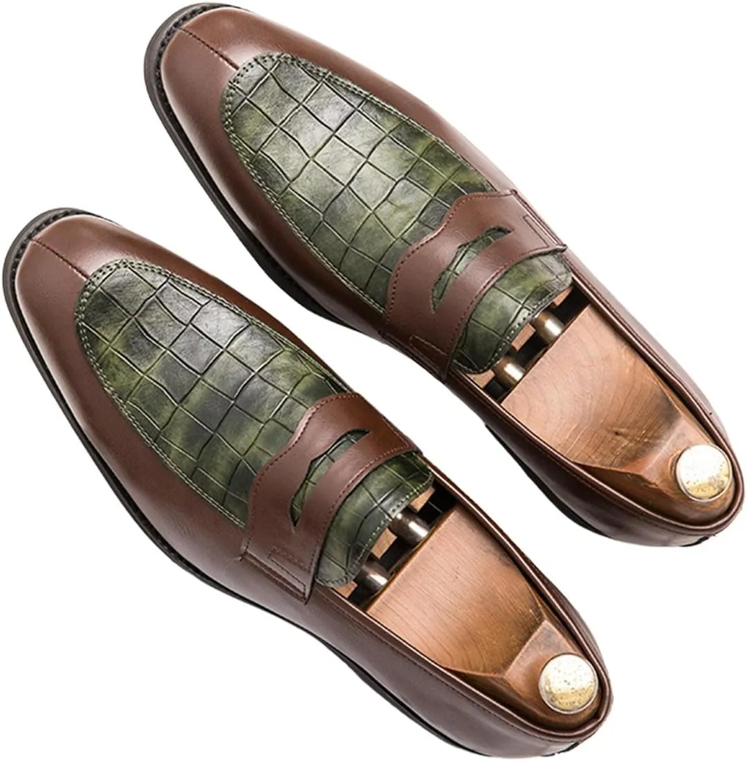 Santimon Mens Penny Loafers with Alligator Print Leather Business Dress Slip on Formal Loafer Shoes for Men