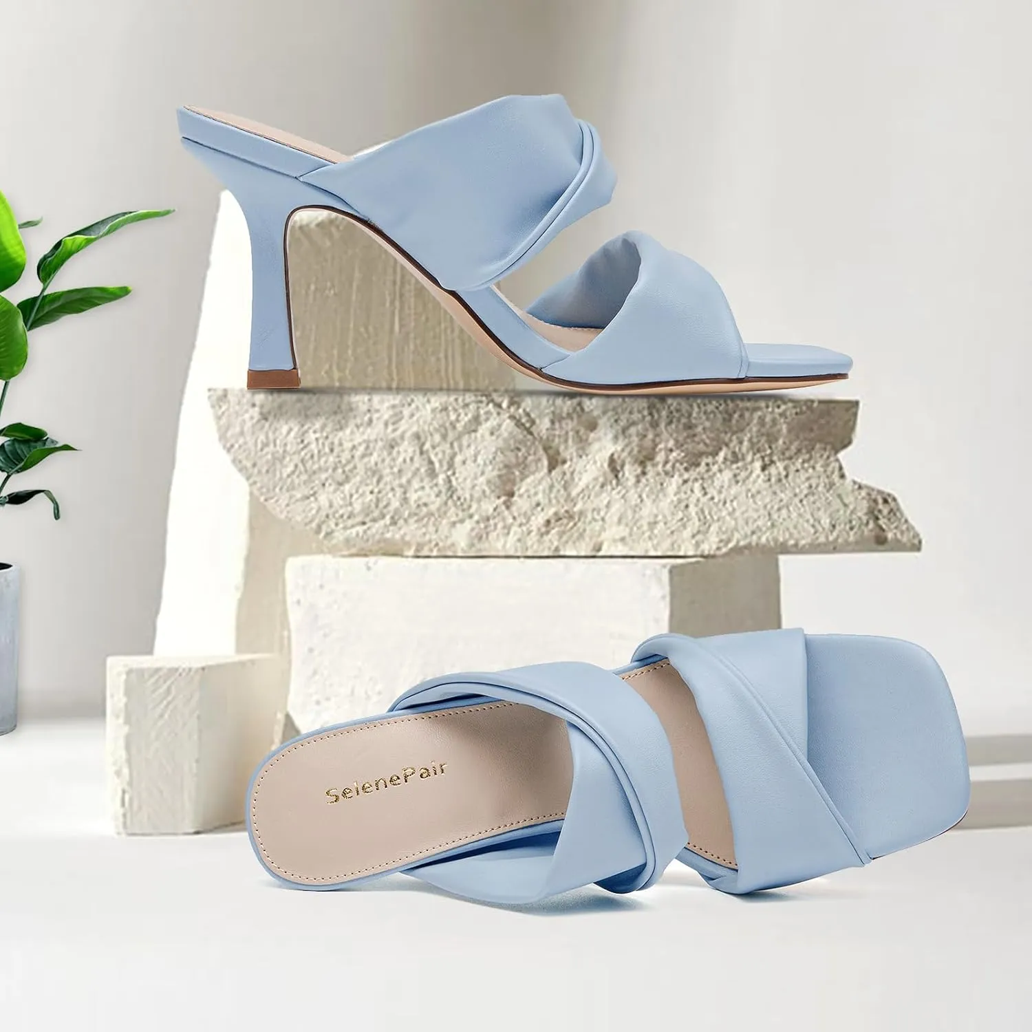 SelenePair Women's Square Open Toe High Heeled Sandals Fashion Stiletto Heel Pumps Backless Peep Toe Slip-on Dress Shoes