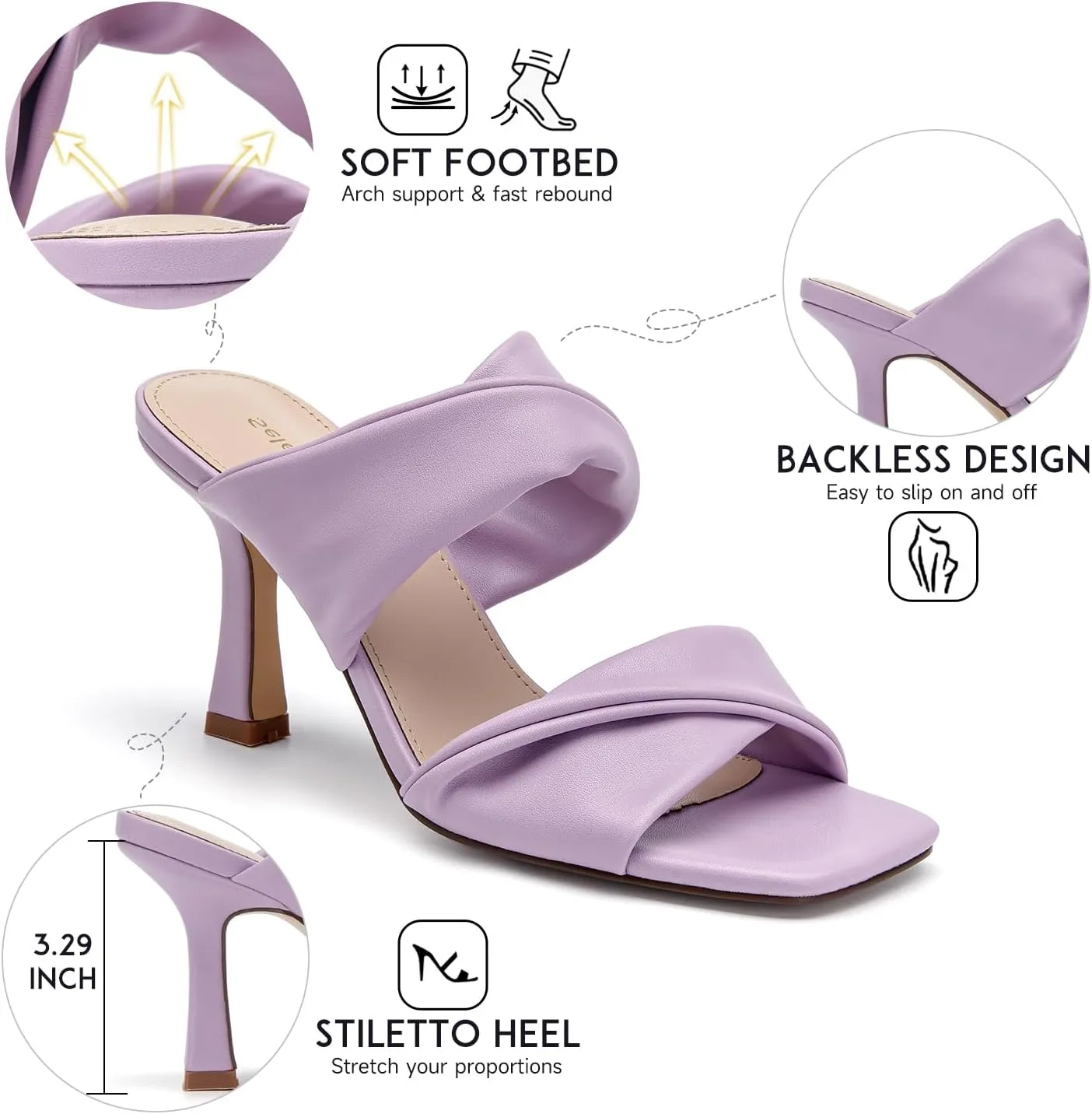 SelenePair Women's Square Open Toe High Heeled Sandals Fashion Stiletto Heel Pumps Backless Peep Toe Slip-on Dress Shoes