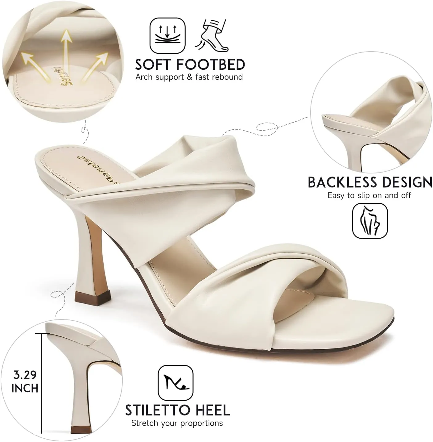 SelenePair Women's Square Open Toe High Heeled Sandals Fashion Stiletto Heel Pumps Backless Peep Toe Slip-on Dress Shoes