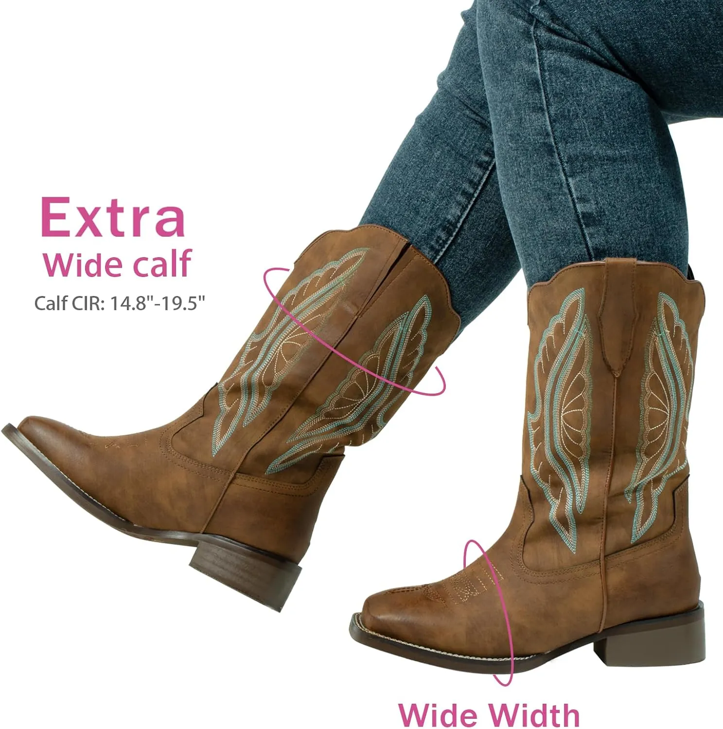 SheSole Extra Wide Calf Boots for Women - Classic Stitch Cowboy Boots with Hidden Stretch Panel & Removable Cushion - Comfortable Wider Shaft Western Boots for Fuller Figures