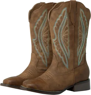 SheSole Extra Wide Calf Boots for Women - Classic Stitch Cowboy Boots with Hidden Stretch Panel & Removable Cushion - Comfortable Wider Shaft Western Boots for Fuller Figures