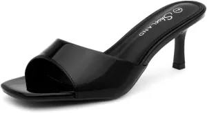 Shoe Land Deverena Women's Low Heels Stiletto Heeled Slides, Open Toe One Band Slip-On Heeled Mules – Dressy Heeled Sandals for Prom, Party, Wedding, and Vacation