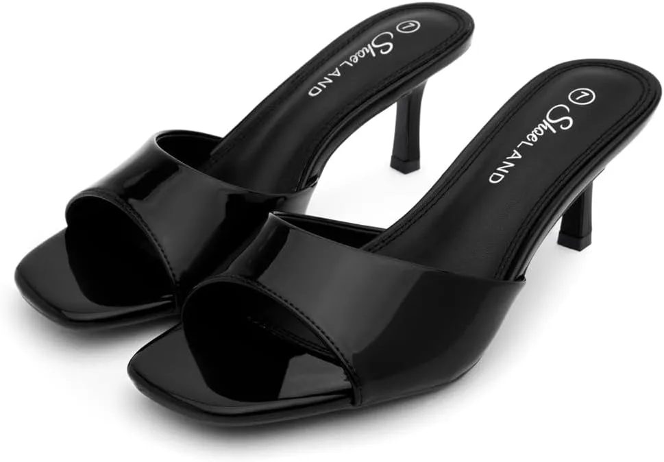 Shoe Land Deverena Women's Low Heels Stiletto Heeled Slides, Open Toe One Band Slip-On Heeled Mules – Dressy Heeled Sandals for Prom, Party, Wedding, and Vacation