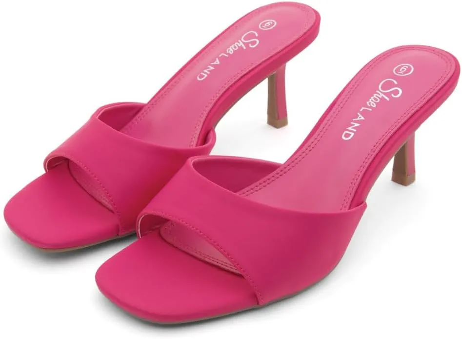 Shoe Land Deverena Women's Low Heels Stiletto Heeled Slides, Open Toe One Band Slip-On Heeled Mules – Dressy Heeled Sandals for Prom, Party, Wedding, and Vacation